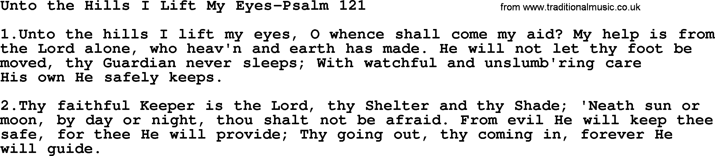 Hymns from the Psalms, Hymn: Unto The Hills I Lift My Eyes-Psalm 121, lyrics with PDF