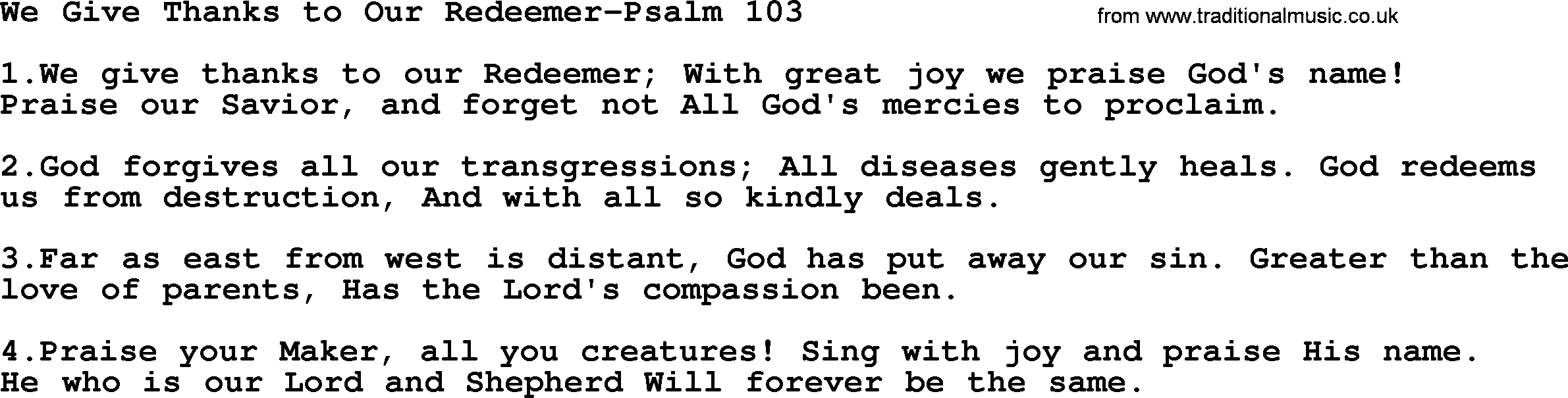 Hymns from the Psalms, Hymn: We Give Thanks To Our Redeemer-Psalm 103, lyrics with PDF