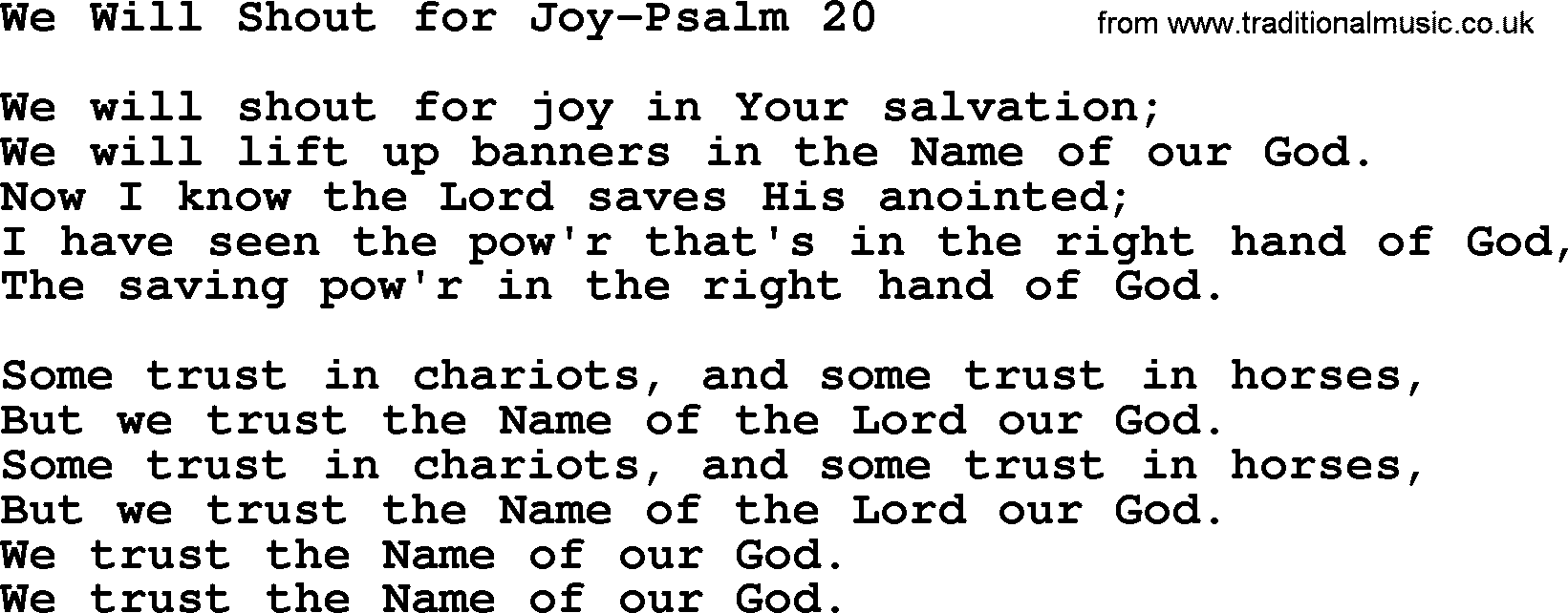 Hymns from the Psalms, Hymn: We Will Shout For Joy-Psalm 20, lyrics with PDF