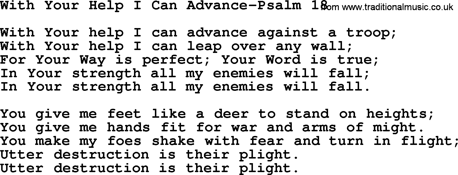 Hymns from the Psalms, Hymn: With Your Help I Can Advance-Psalm 18, lyrics with PDF