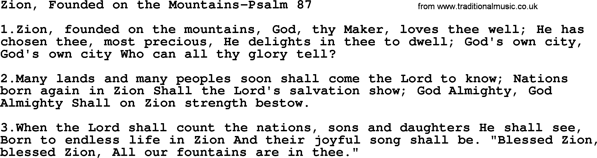 Hymns from the Psalms, Hymn: Zion, Founded On The Mountains-Psalm 87, lyrics with PDF