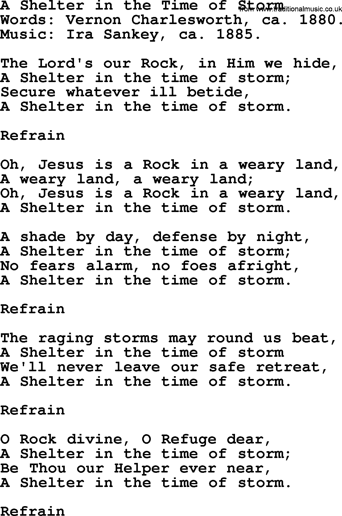 Ira Sankey hymn: A Shelter in the Time of Storm-Ira Sankey, lyrics