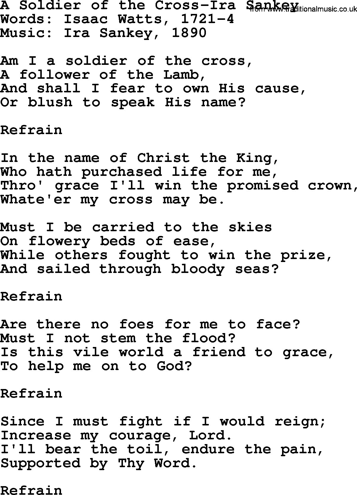 Ira Sankey hymn: A Soldier of the Cross-Ira Sankey, lyrics