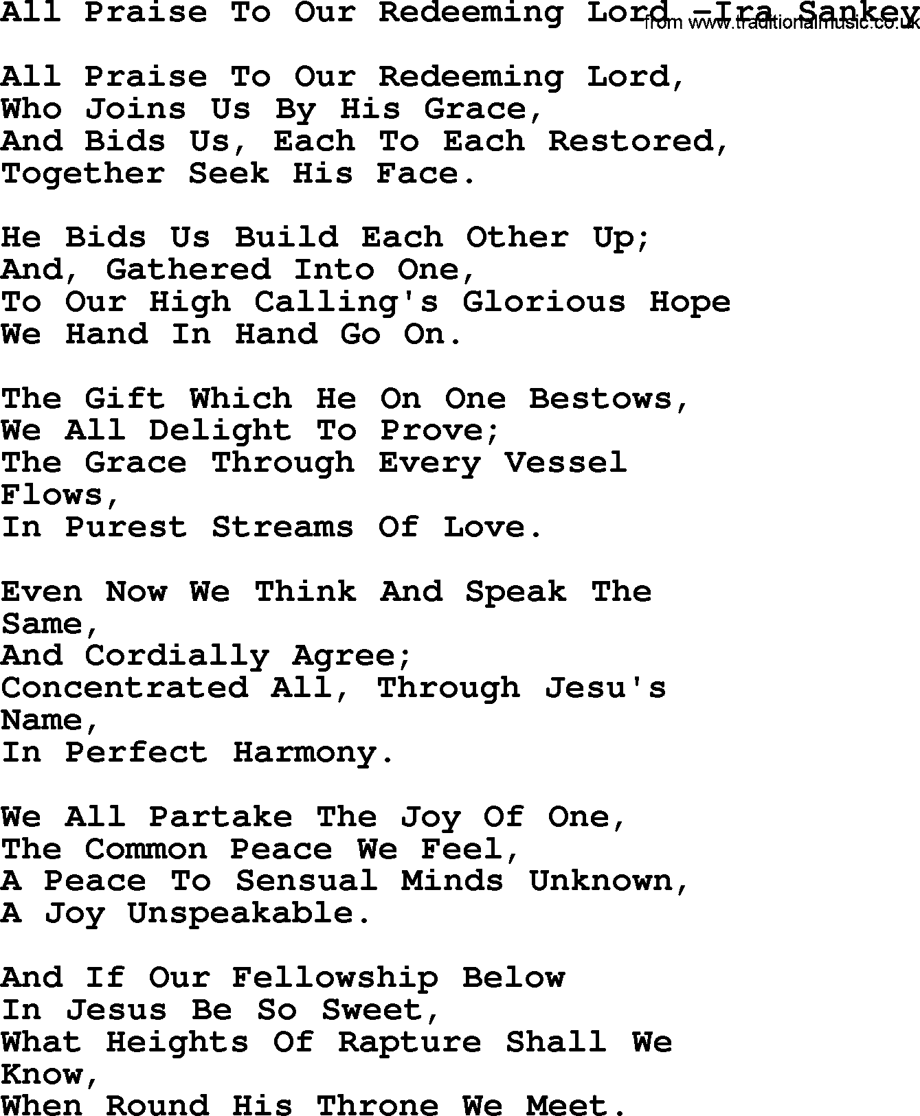 Ira Sankey hymn: All Praise To Our Redeeming Lord-Ira Sankey, lyrics