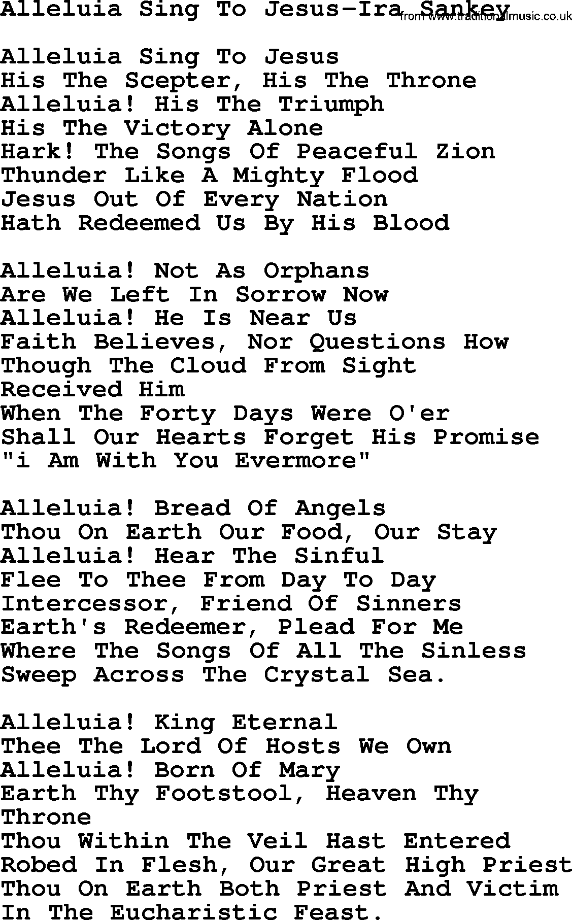 Ira Sankey hymn: Alleluia Sing To Jesus-Ira Sankey, lyrics