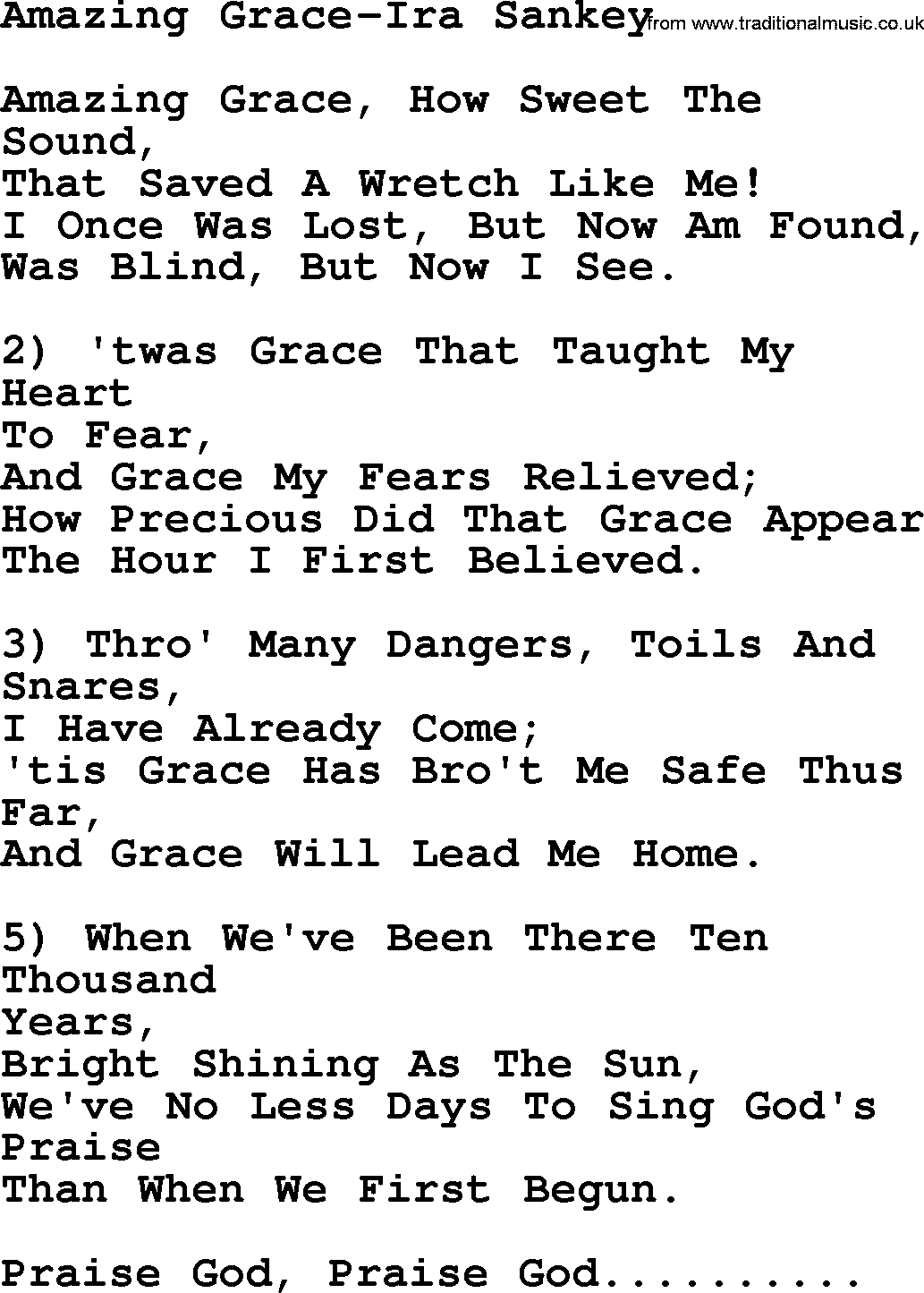 Ira Sankey hymn: Amazing Grace-Ira Sankey, lyrics