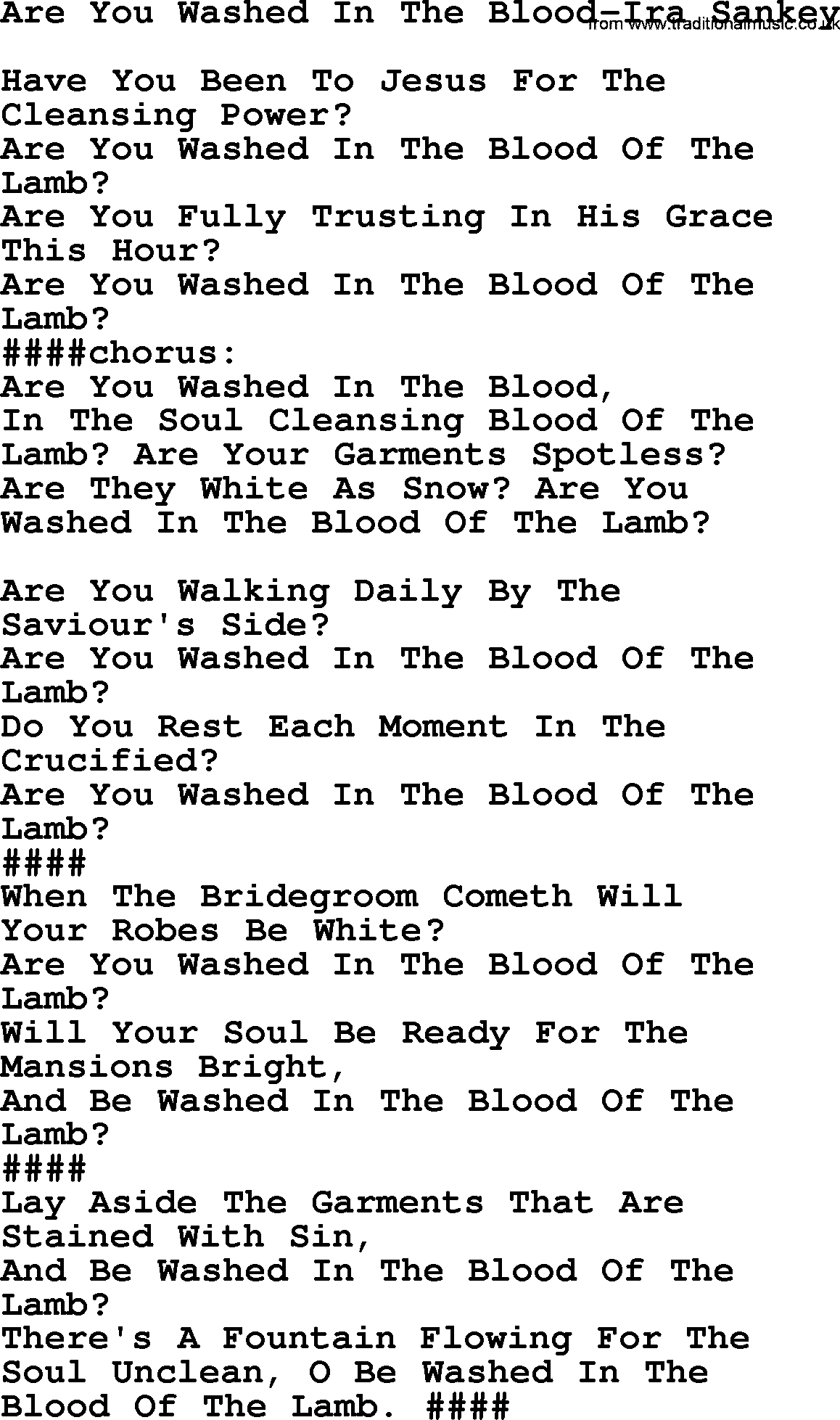 Ira Sankey hymn: Are You Washed In The Blood-Ira Sankey, lyrics