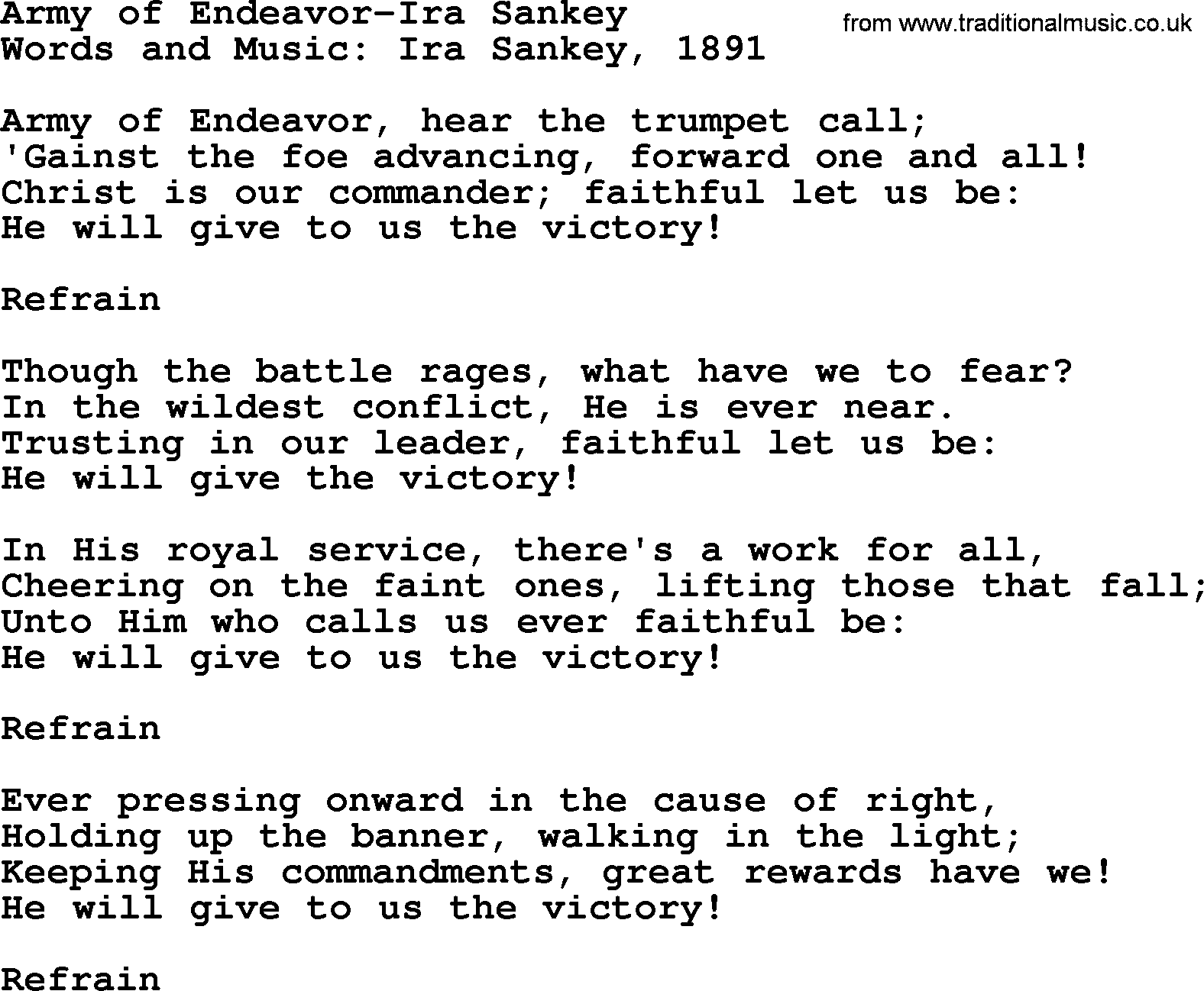 Ira Sankey hymn: Army of Endeavor-Ira Sankey, lyrics