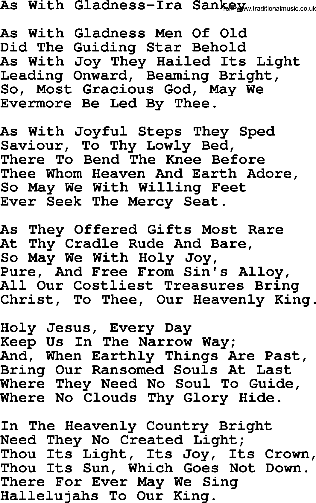 Ira Sankey hymn: As With Gladness-Ira Sankey, lyrics