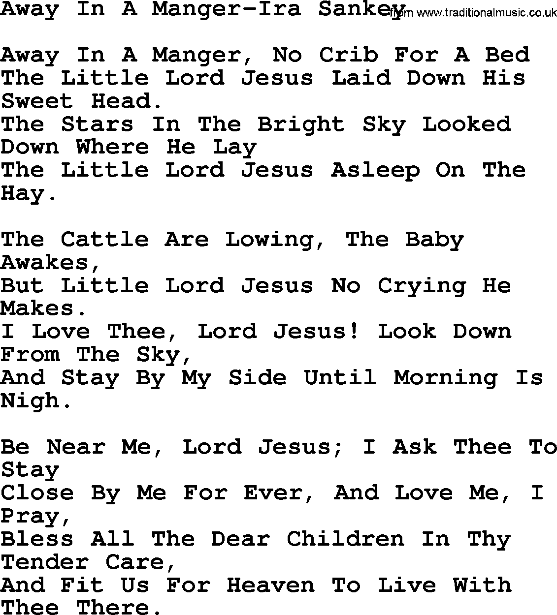 Ira Sankey hymn: Away In A Manger-Ira Sankey, lyrics