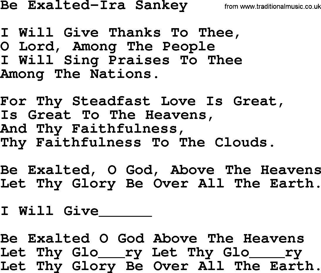 Ira Sankey hymn: Be Exalted-Ira Sankey, lyrics