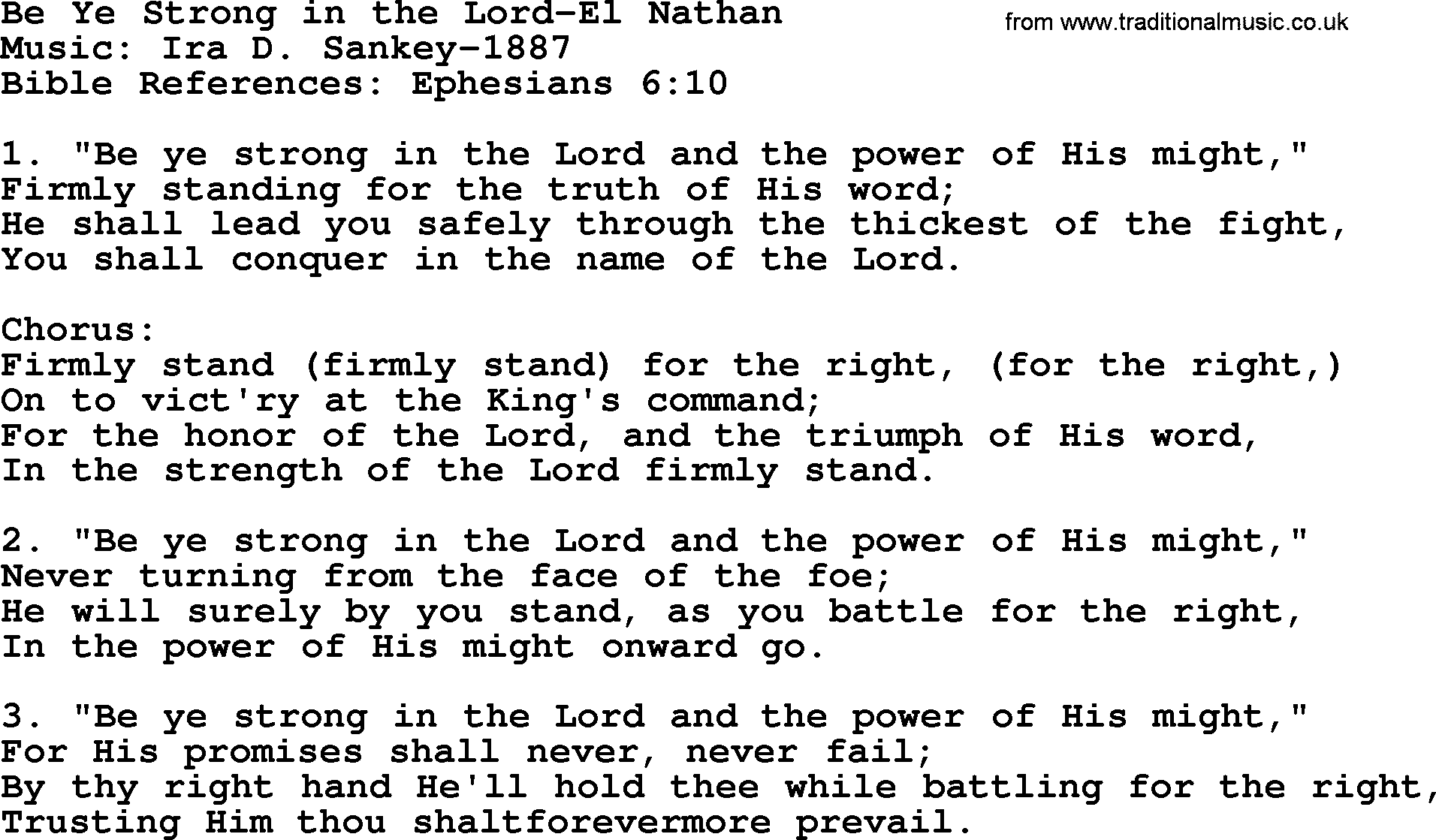 Ira Sankey hymn: Be Ye Strong in the Lord-Ira Sankey, lyrics