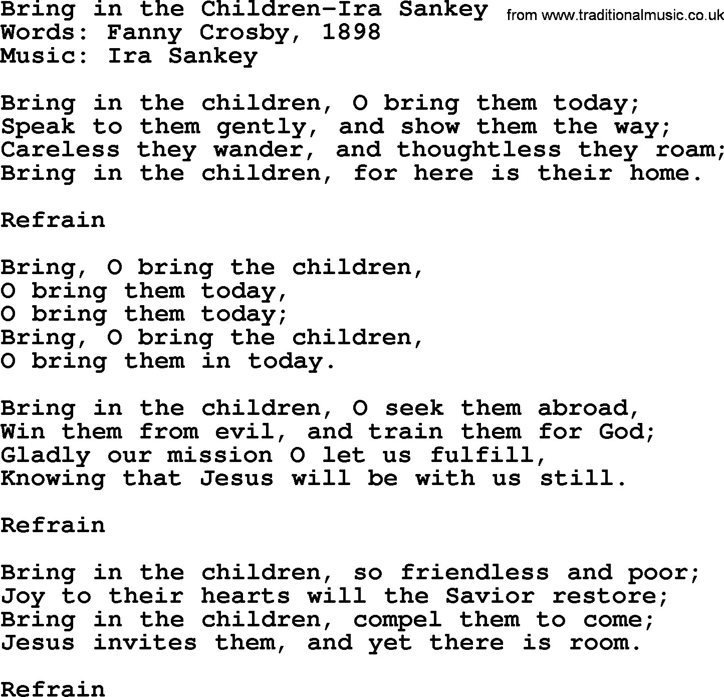 Ira Sankey hymn: Bring in the Children-Ira Sankey, lyrics