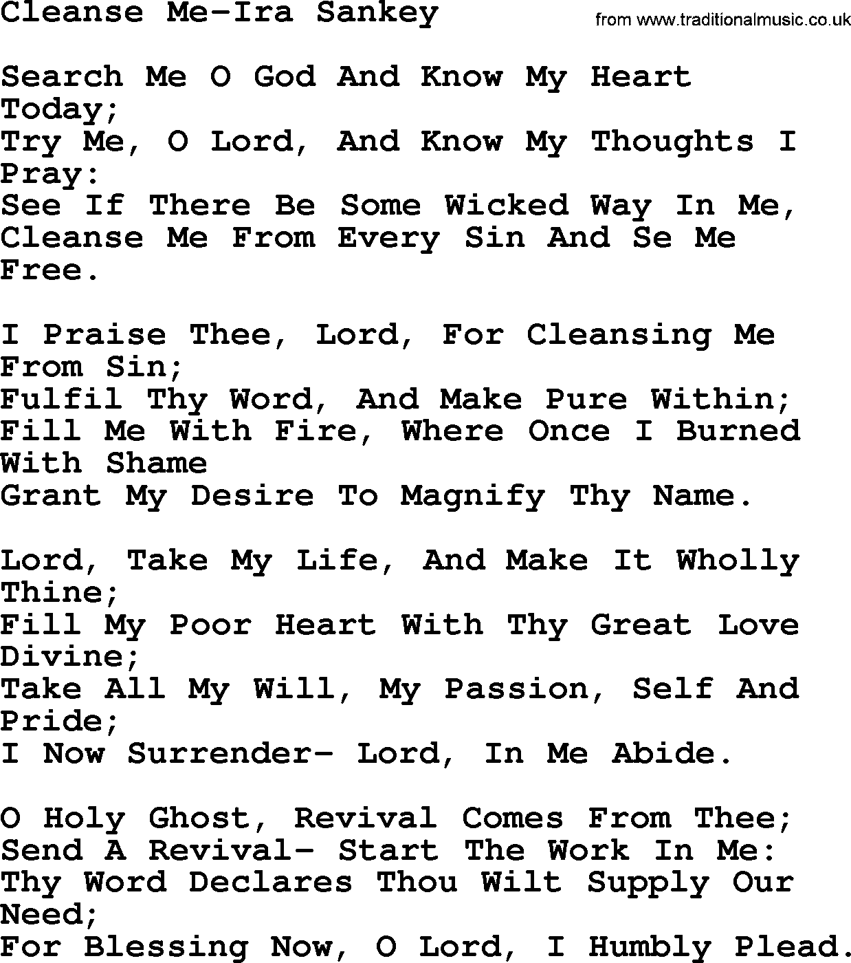 Ira Sankey hymn: Cleanse Me-Ira Sankey, lyrics