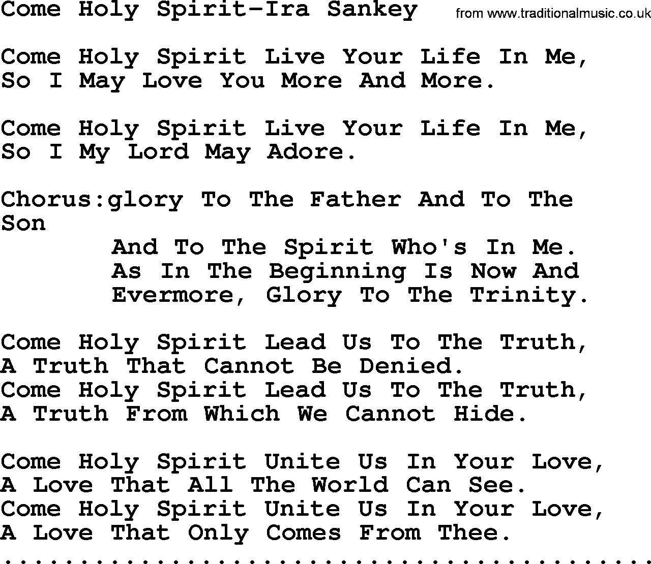 Ira Sankey hymn: Come Holy Spirit-Ira Sankey, lyrics
