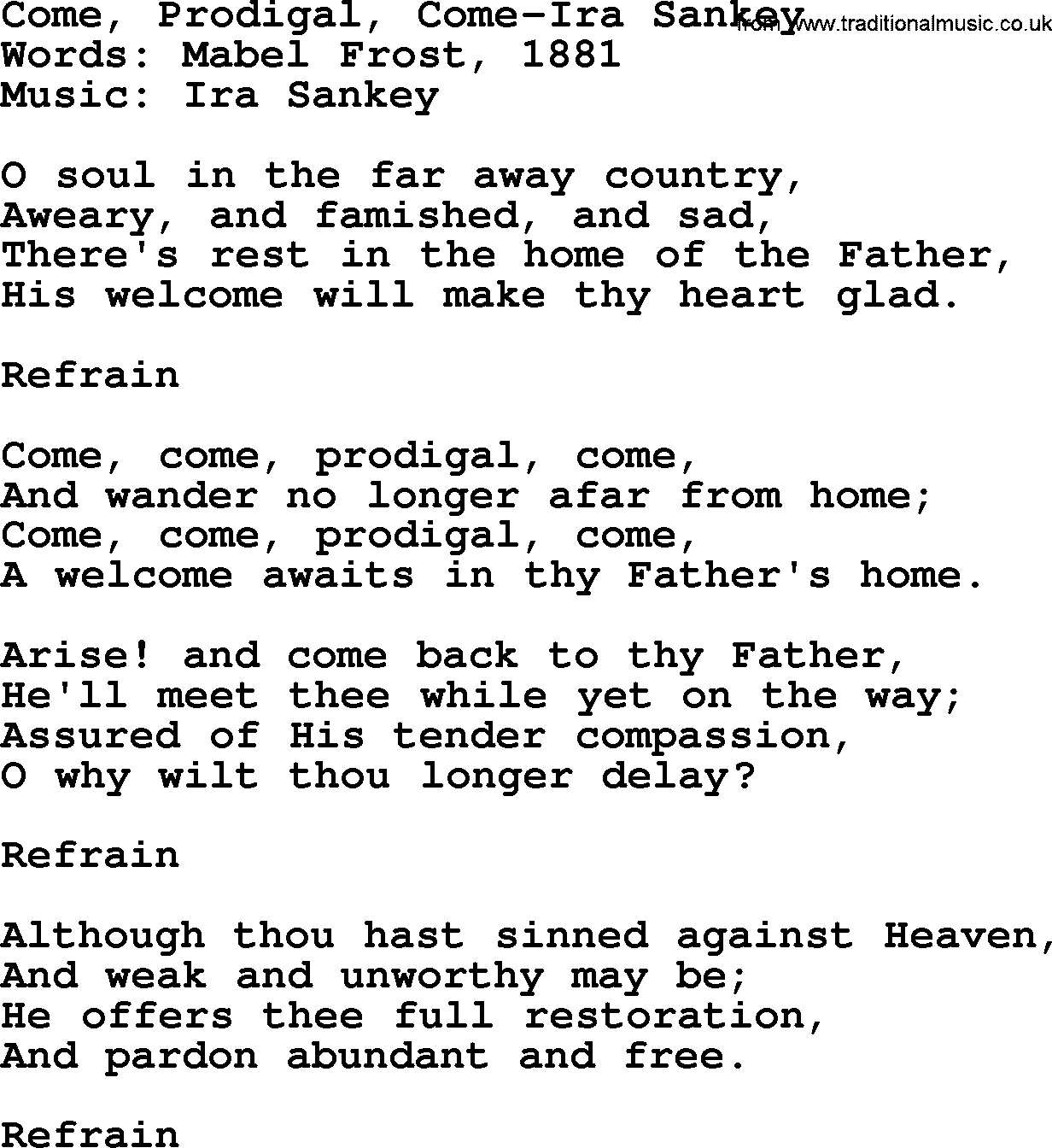 Ira Sankey hymn: Come, Prodigal, Come-Ira Sankey, lyrics