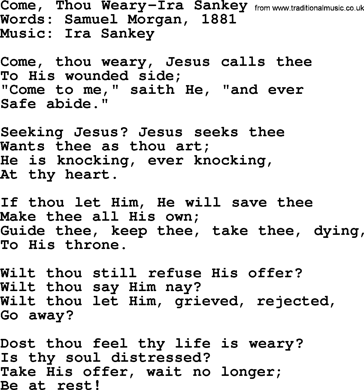 Ira Sankey hymn: Come, Thou Weary-Ira Sankey, lyrics