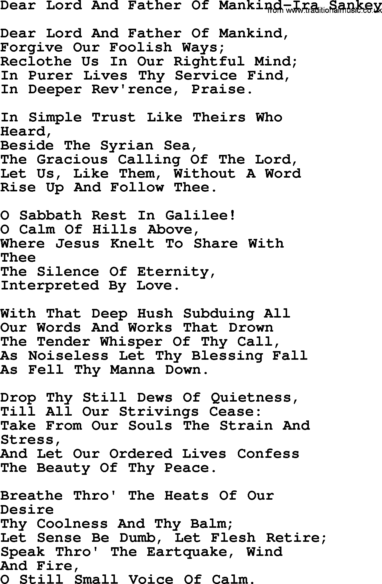 Ira Sankey hymn: Dear Lord And Father Of Mankind-Ira Sankey, lyrics