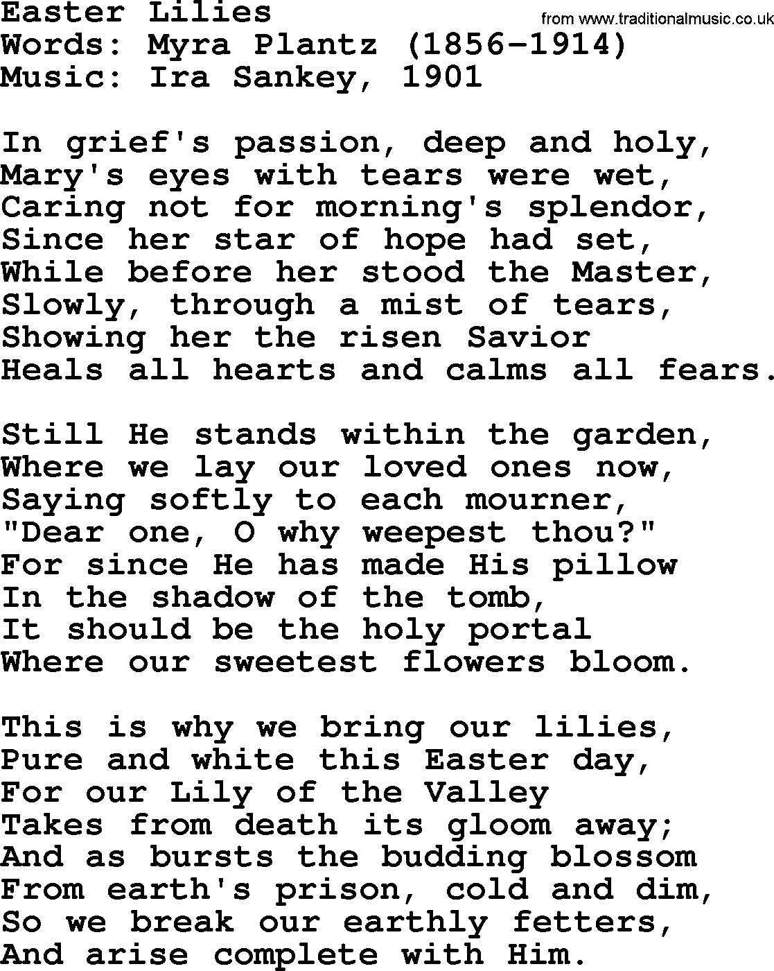 Ira Sankey hymn: Easter Lilies-Ira Sankey, lyrics