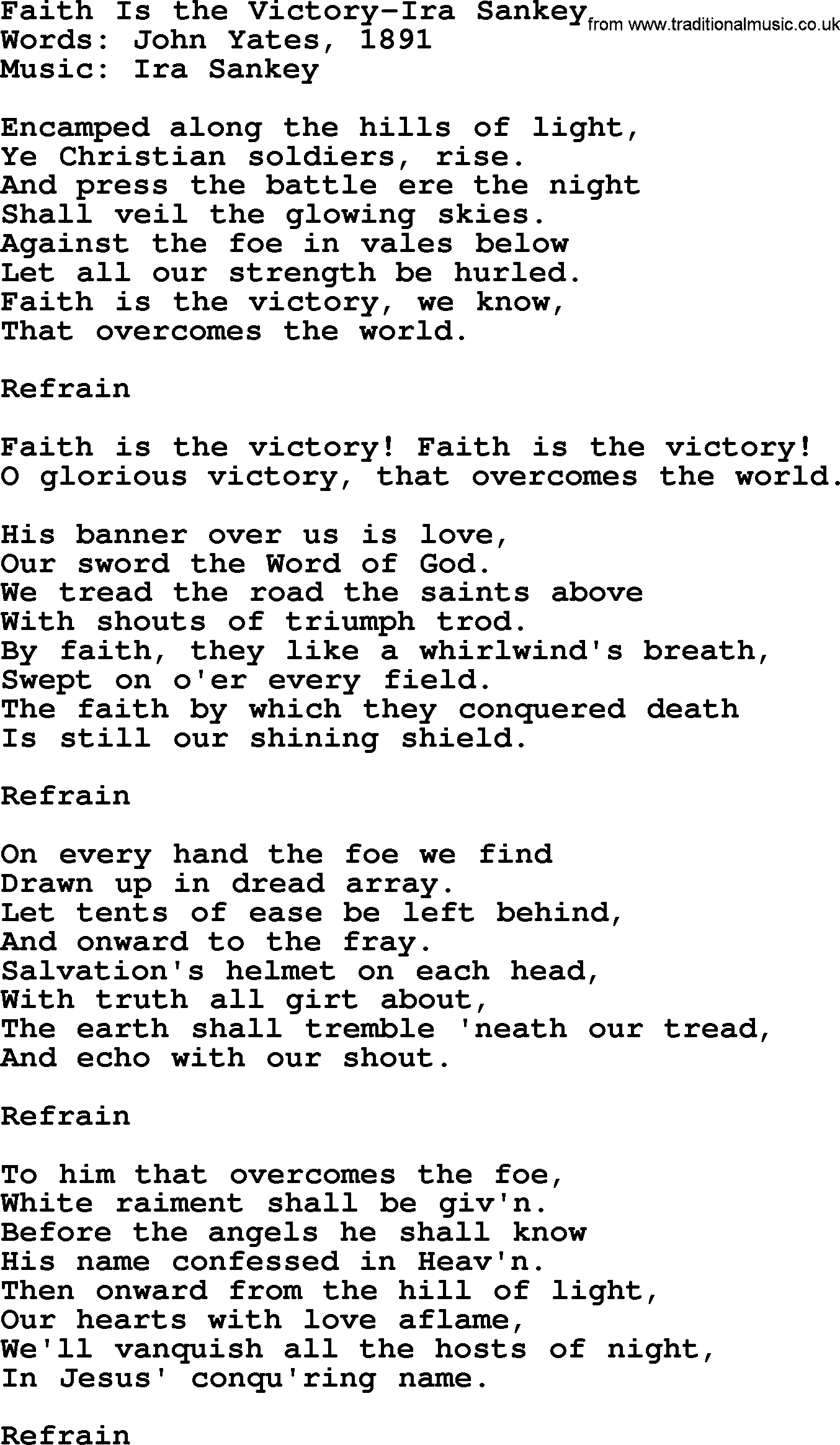 Ira Sankey hymn: Faith Is the Victory-Ira Sankey, lyrics
