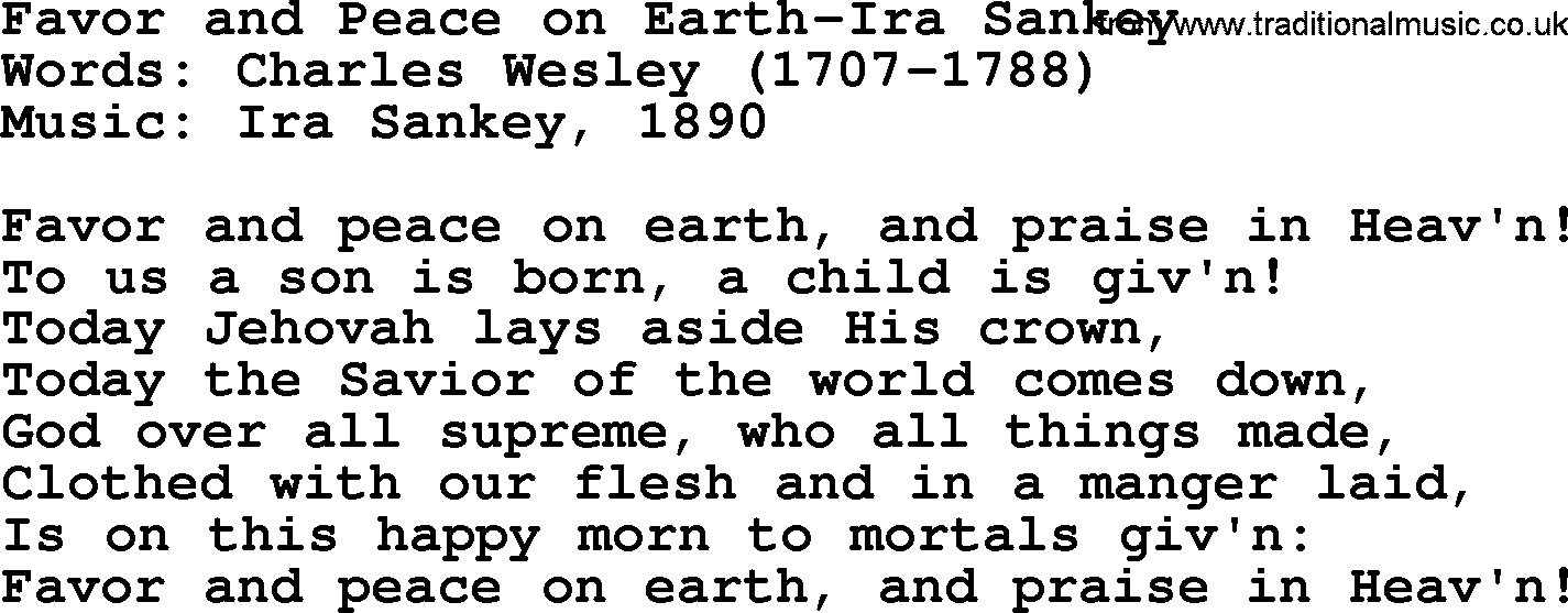 Ira Sankey hymn: Favor and Peace on Earth-Ira Sankey, lyrics