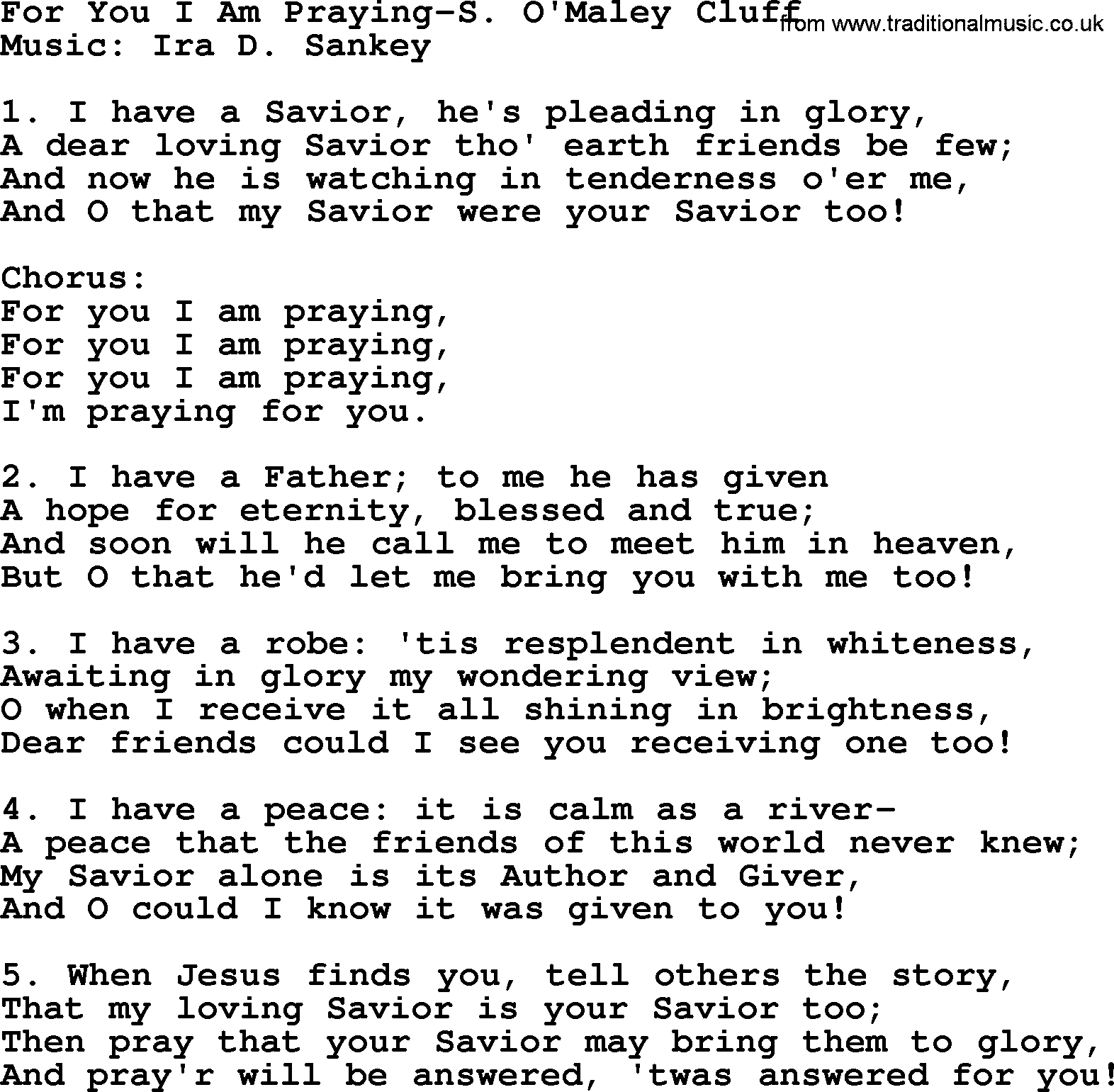 Ira Sankey hymn: For You I Am Praying-Ira Sankey, lyrics