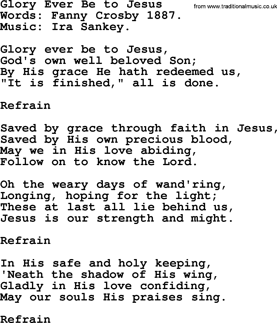Ira Sankey hymn: Glory Ever Be to Jesus-Ira Sankey, lyrics