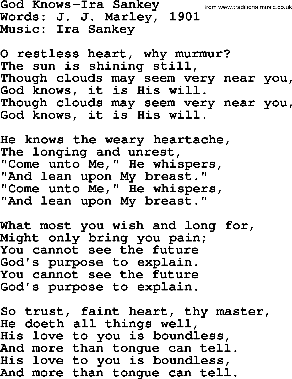 Ira Sankey hymn: God Knows-Ira Sankey, lyrics