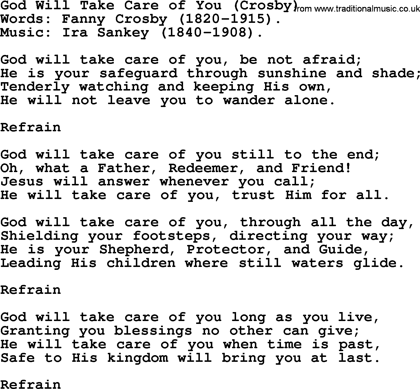 Ira Sankey hymn: God Will Take Care of You-Ira Sankey, lyrics