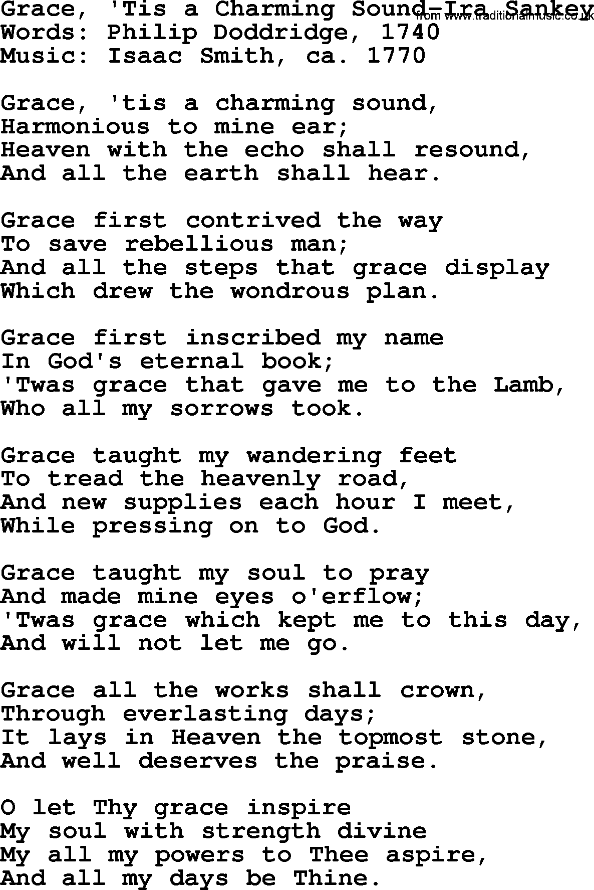 Ira Sankey hymn: Grace, 'Tis a Charming Sound-Ira Sankey, lyrics