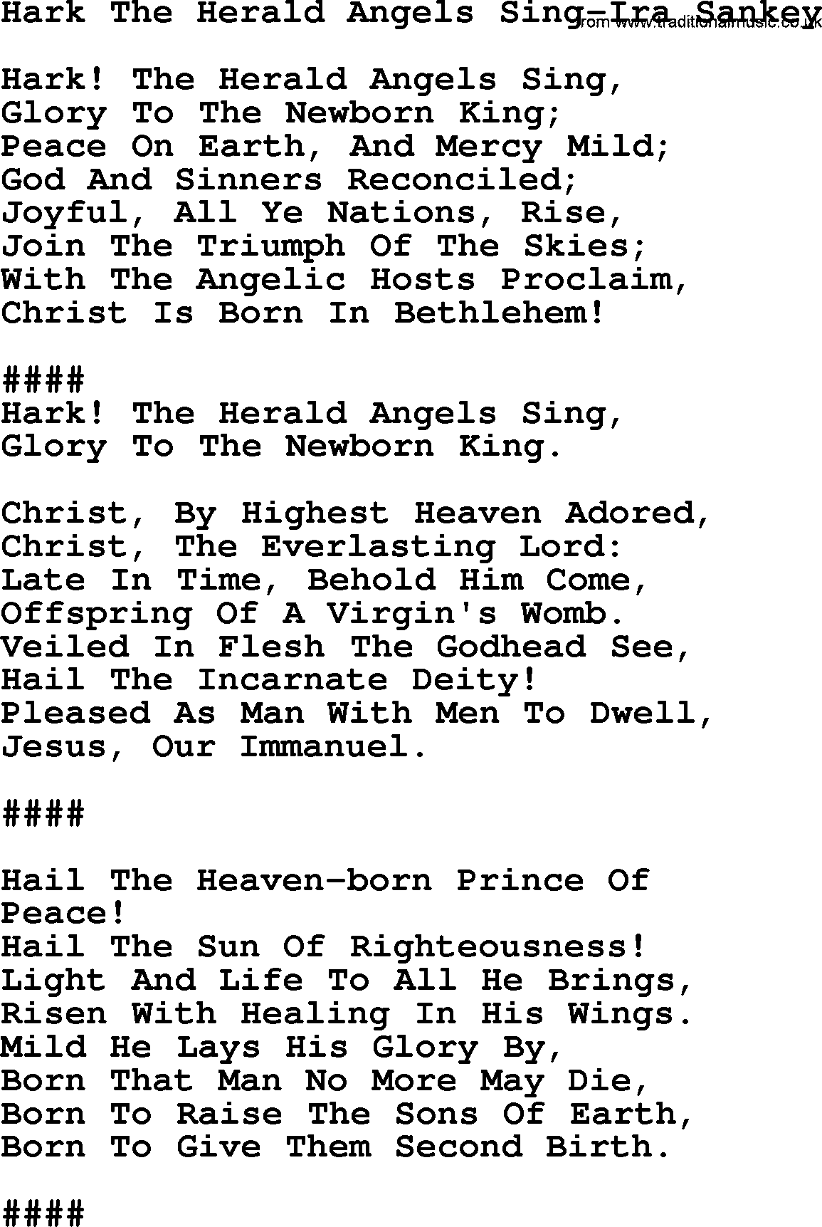 Ira Sankey hymn: Hark The Herald Angels Sing-Ira Sankey, lyrics