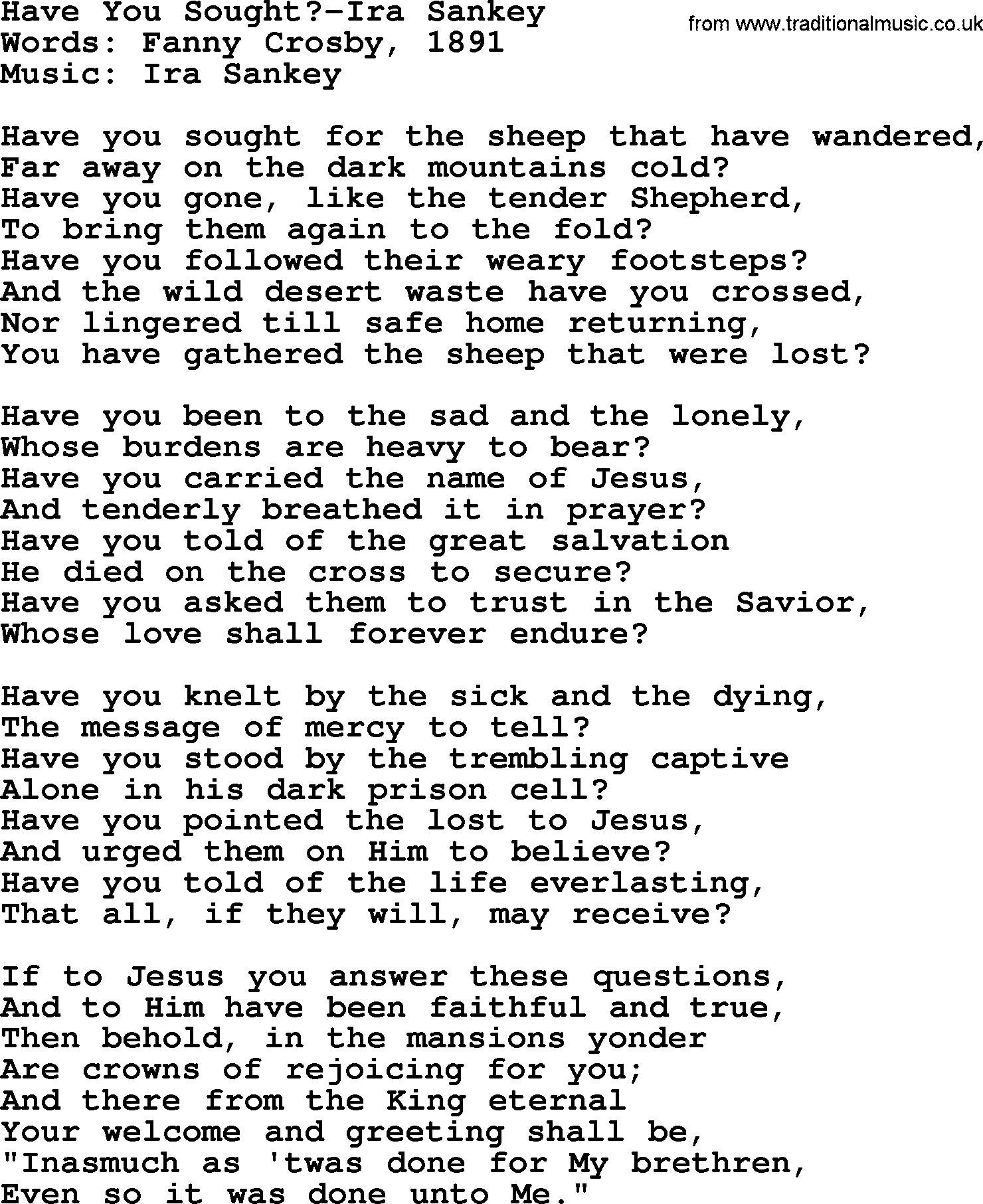 Ira Sankey hymn: Have You Sought-Ira Sankey, lyrics