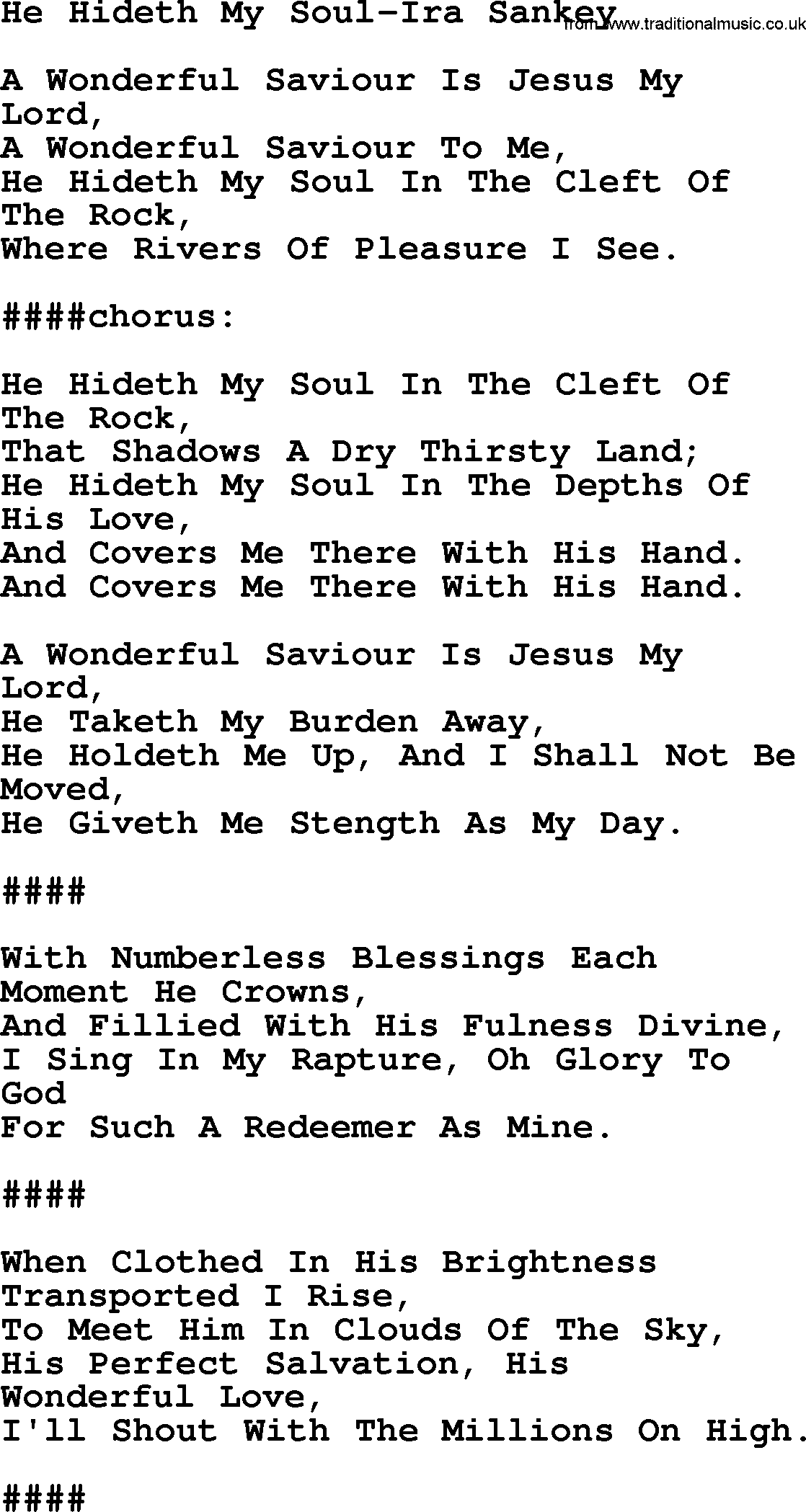 Ira Sankey hymn: He Hideth My Soul-Ira Sankey, lyrics