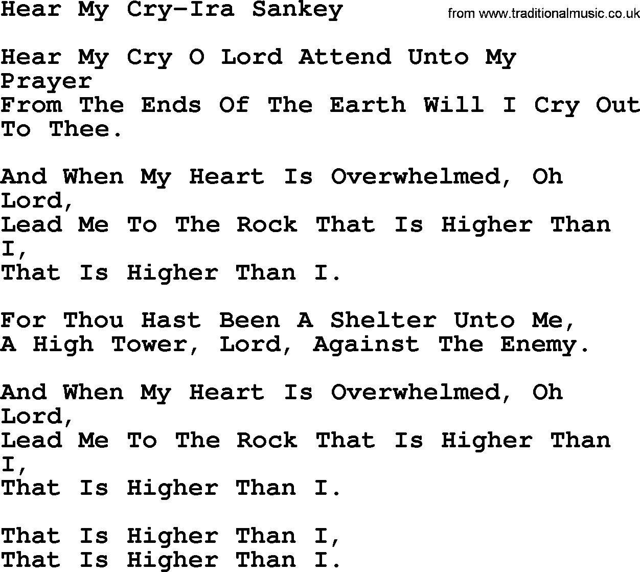 Ira Sankey hymn: Hear My Cry-Ira Sankey, lyrics