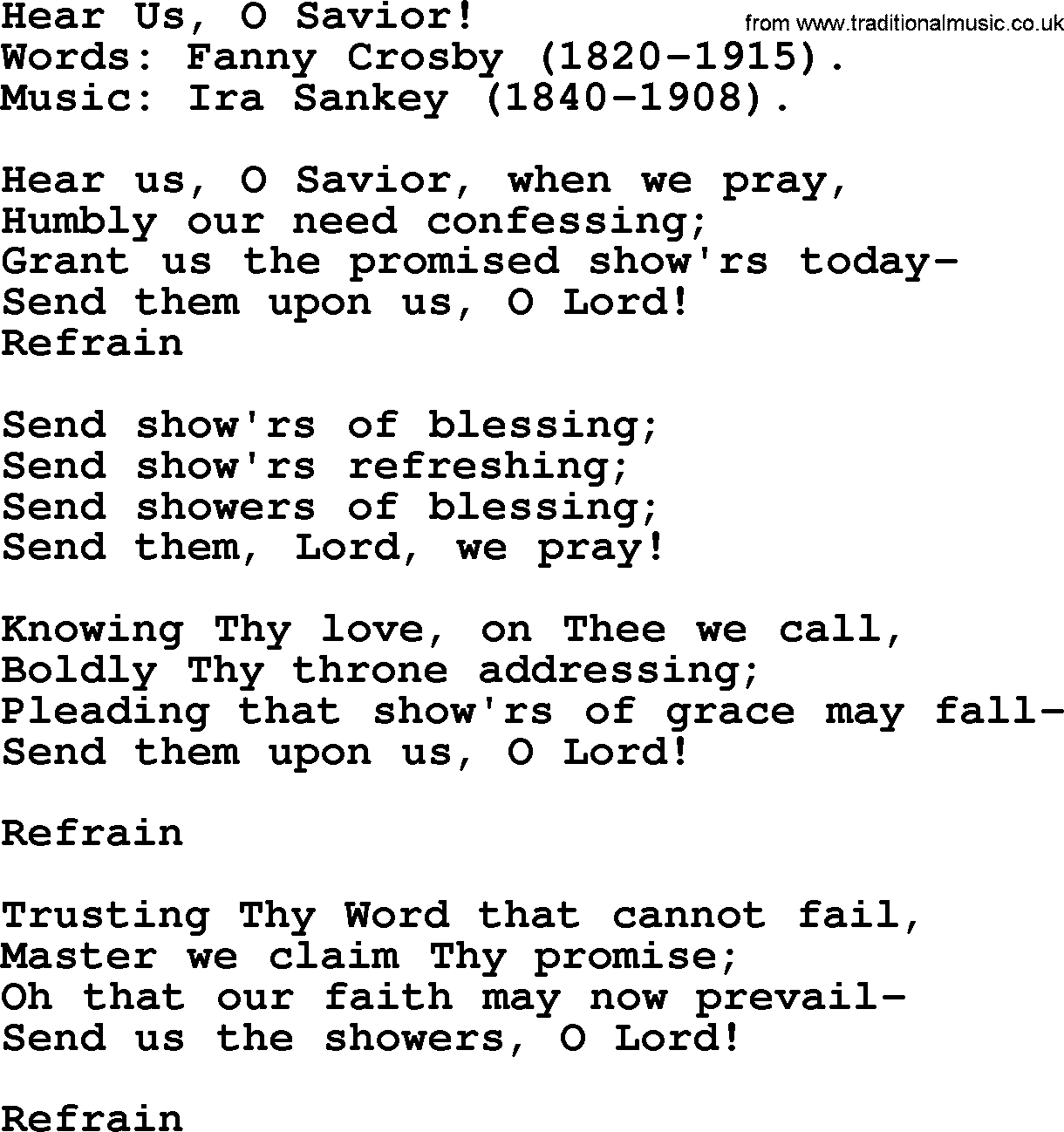 Ira Sankey hymn: Hear Us, O Savior!-Ira Sankey, lyrics