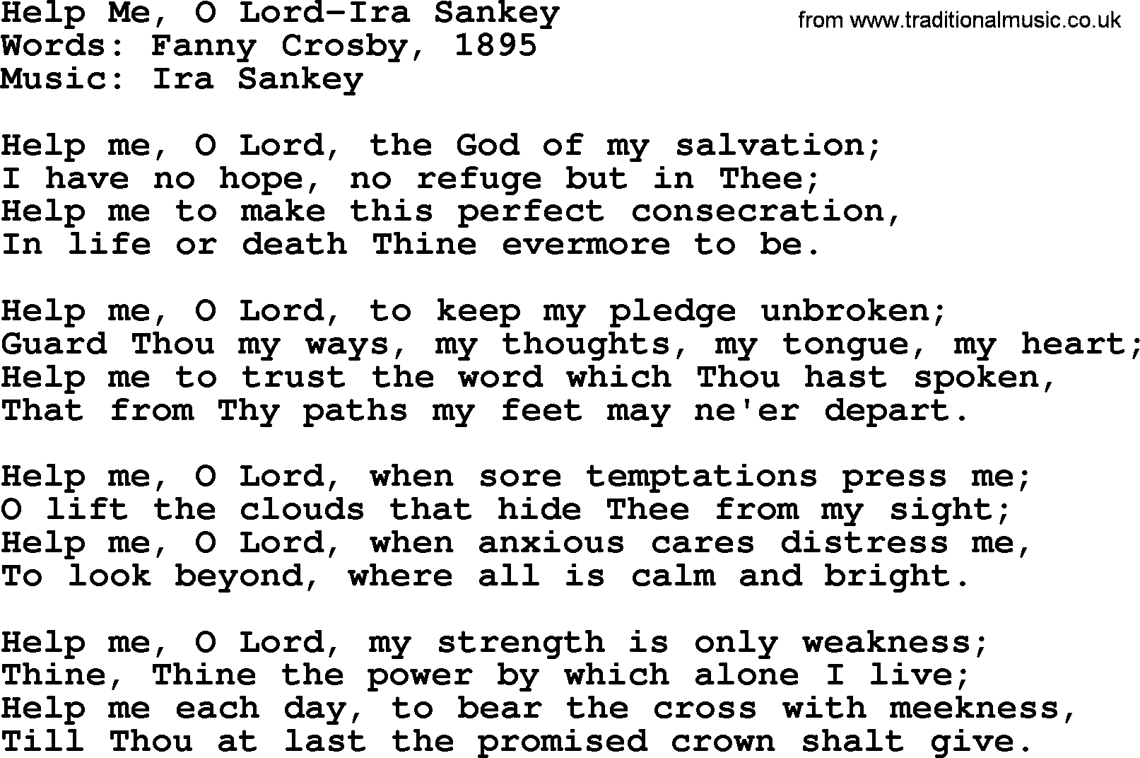 Ira Sankey hymn: Help Me, O Lord-Ira Sankey, lyrics