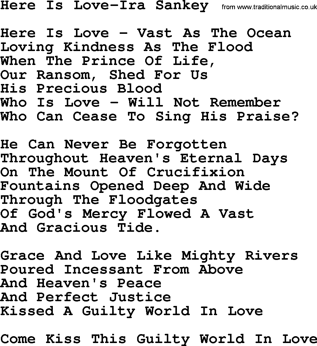 Ira Sankey hymn: Here Is Love-Ira Sankey, lyrics