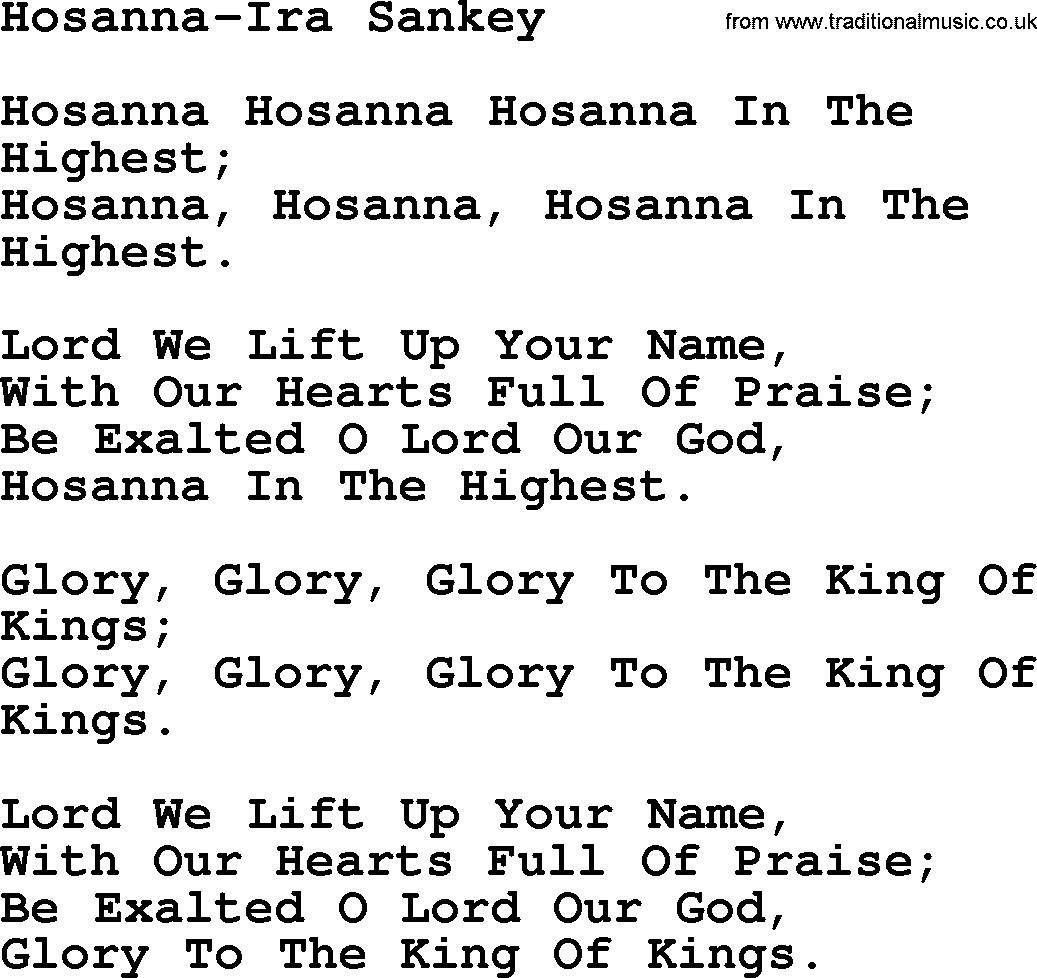 Ira Sankey hymn: Hosanna-Ira Sankey, lyrics