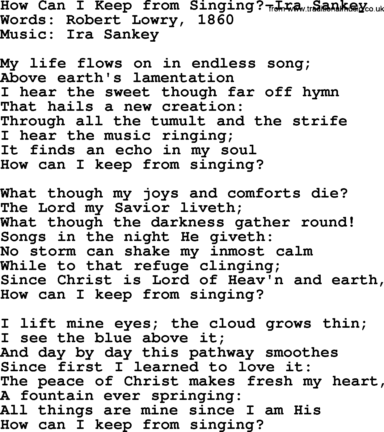 Ira Sankey hymn: How Can I Keep from Singing-Ira Sankey, lyrics