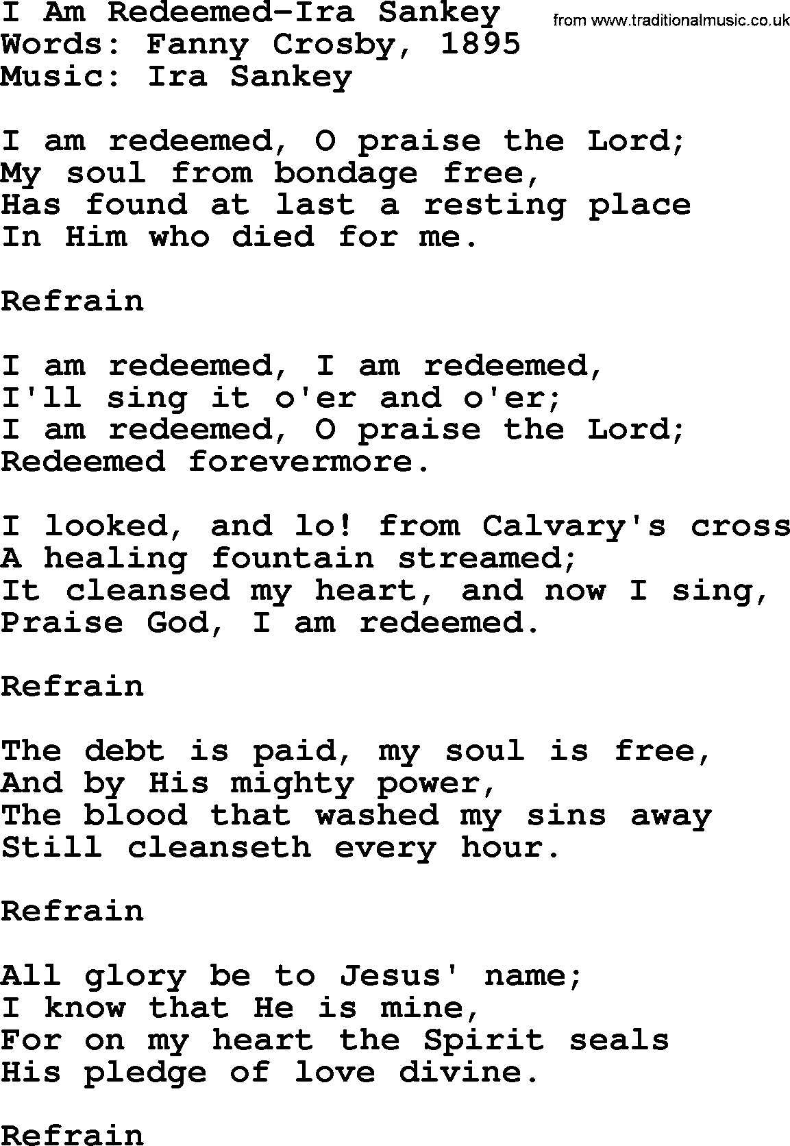 Ira Sankey hymn: I Am Redeemed-Ira Sankey, lyrics