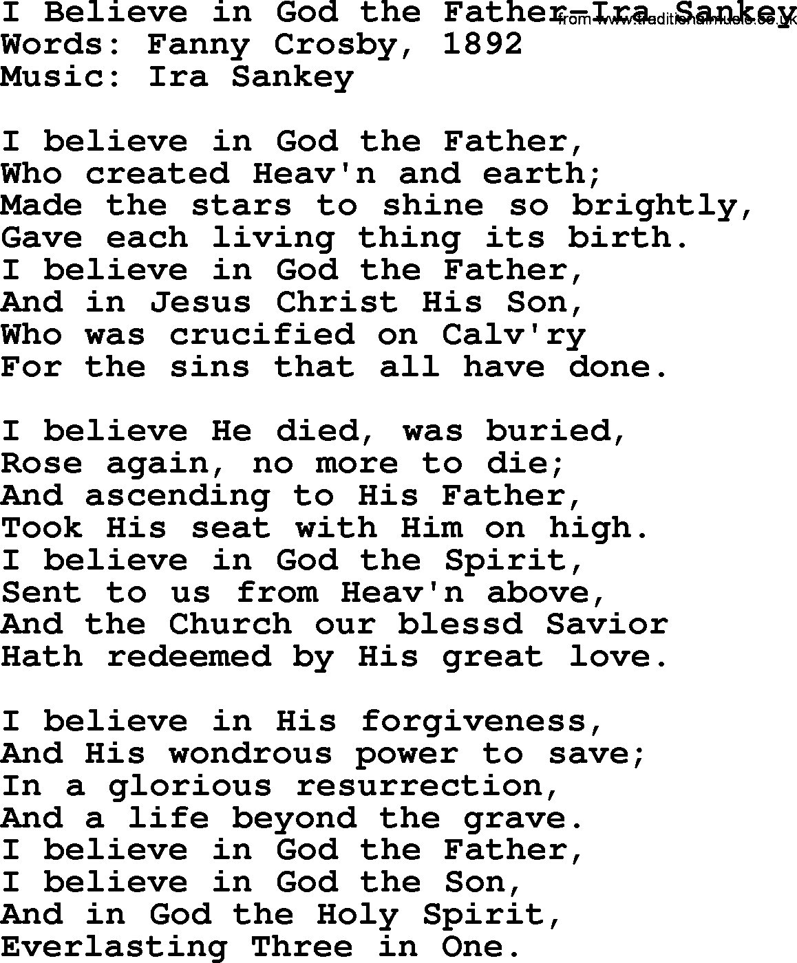 Ira Sankey hymn: I Believe in God the Father-Ira Sankey, lyrics