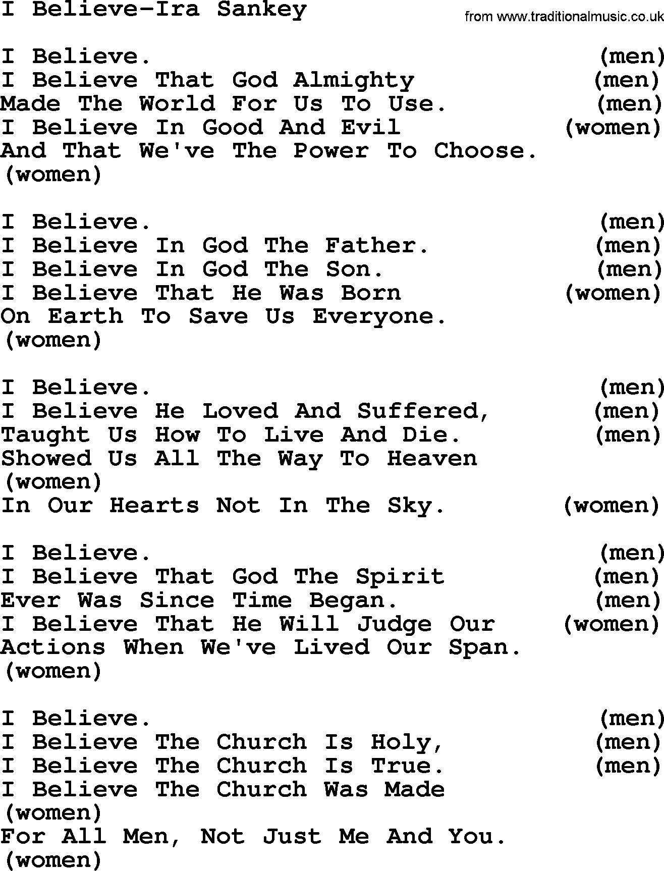 Ira Sankey hymn: I Believe-Ira Sankey, lyrics