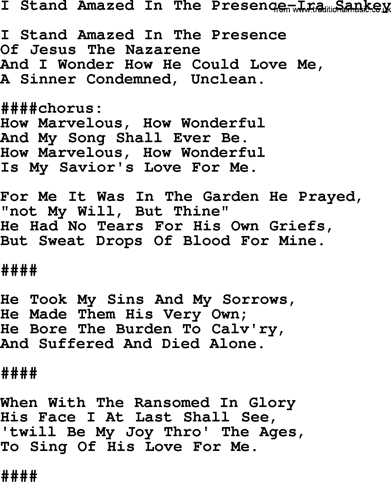 Ira Sankey hymn: I Stand Amazed In The Presence-Ira Sankey, lyrics