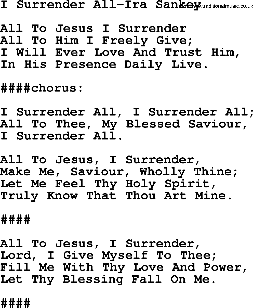 Ira Sankey hymn: I Surrender All-Ira Sankey, lyrics