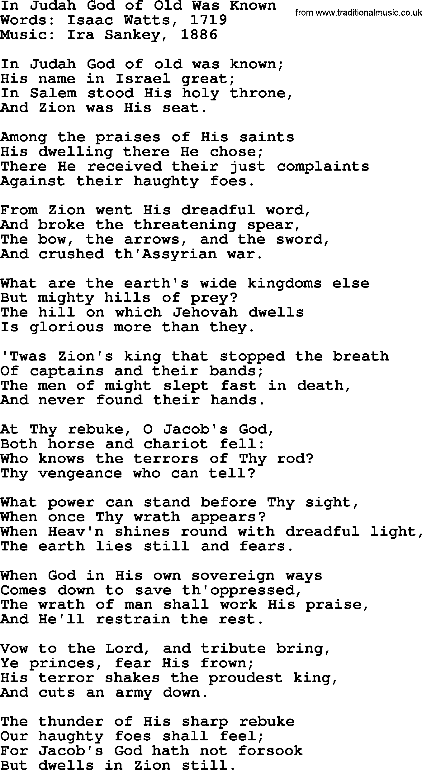 Ira Sankey hymn: In Judah God of Old Was Known-Ira Sankey, lyrics