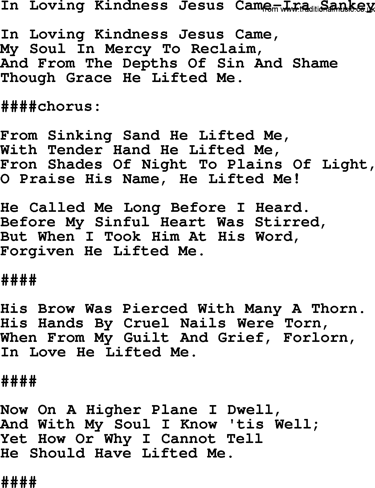Ira Sankey hymn: In Loving Kindness Jesus Came-Ira Sankey, lyrics