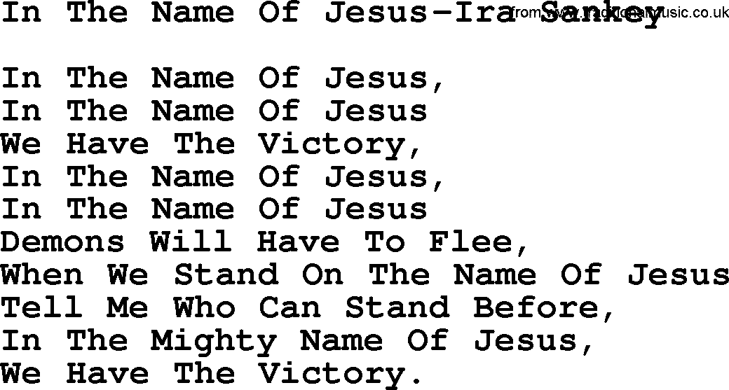 Ira Sankey hymn: In The Name Of Jesus-Ira Sankey, lyrics