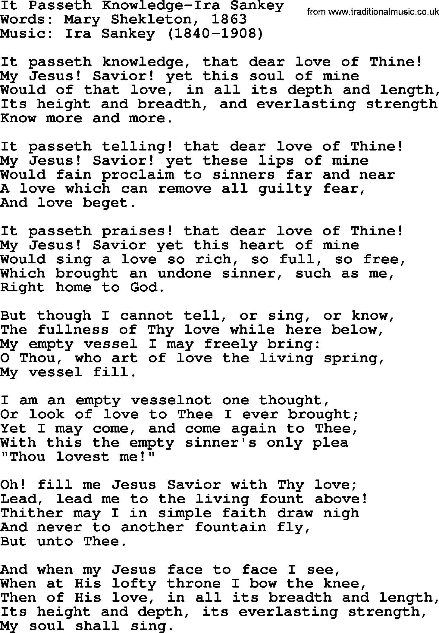 Ira Sankey hymn: It Passeth Knowledge-Ira Sankey, lyrics