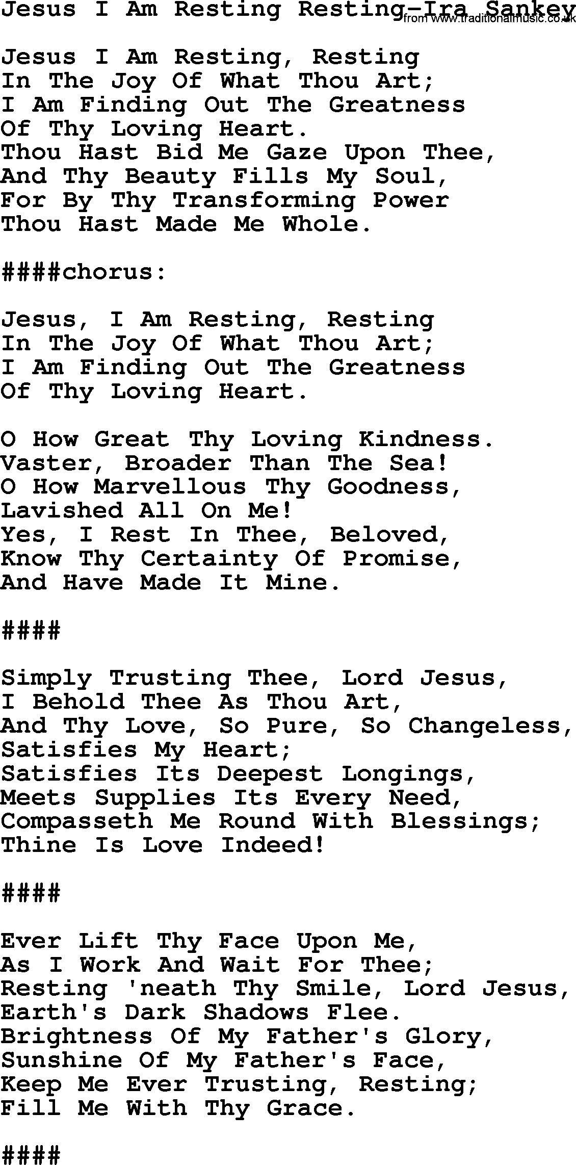 Ira Sankey hymn: Jesus I Am Resting Resting-Ira Sankey, lyrics