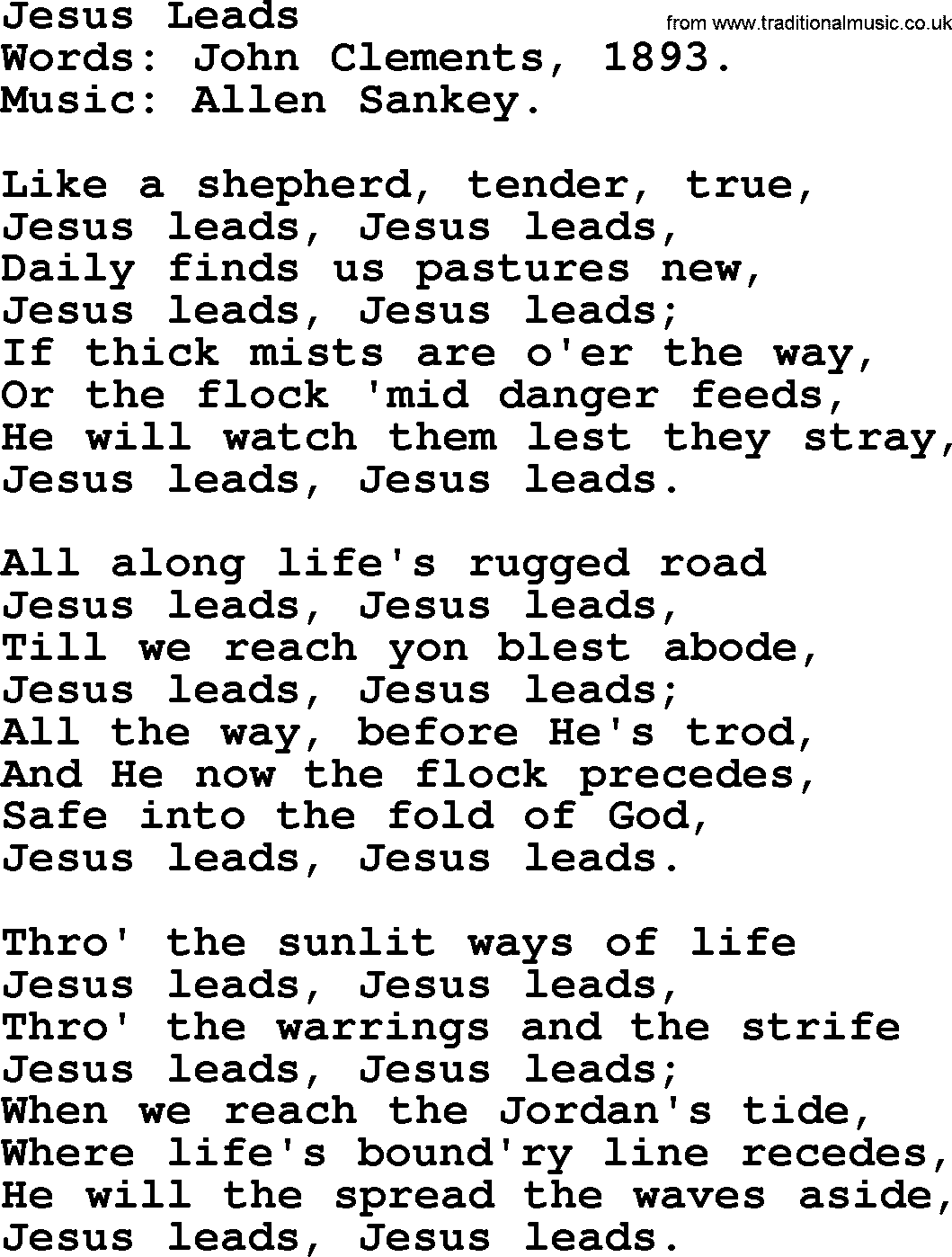 Ira Sankey hymn: Jesus Leads-Ira Sankey, lyrics
